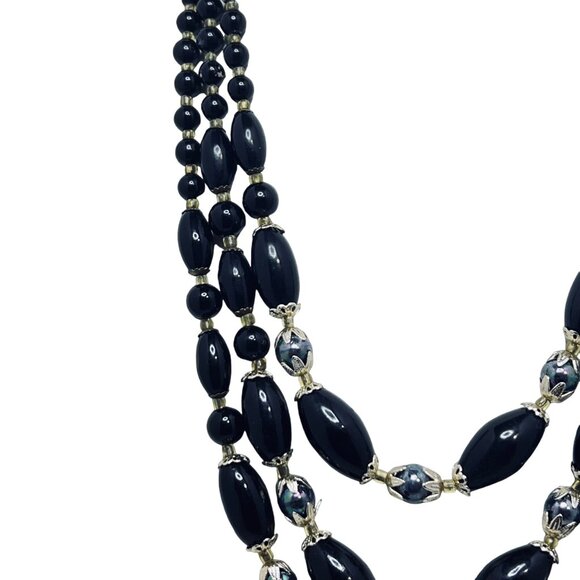 Triple Strand Black And Iridescent Beaded Necklace (801) - Picture 2 of 7